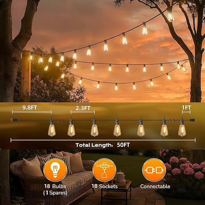 GPATIO Outdoor String Lights, 50FT ST38 Bulbs Shatterproof Patio Lights - Image 6