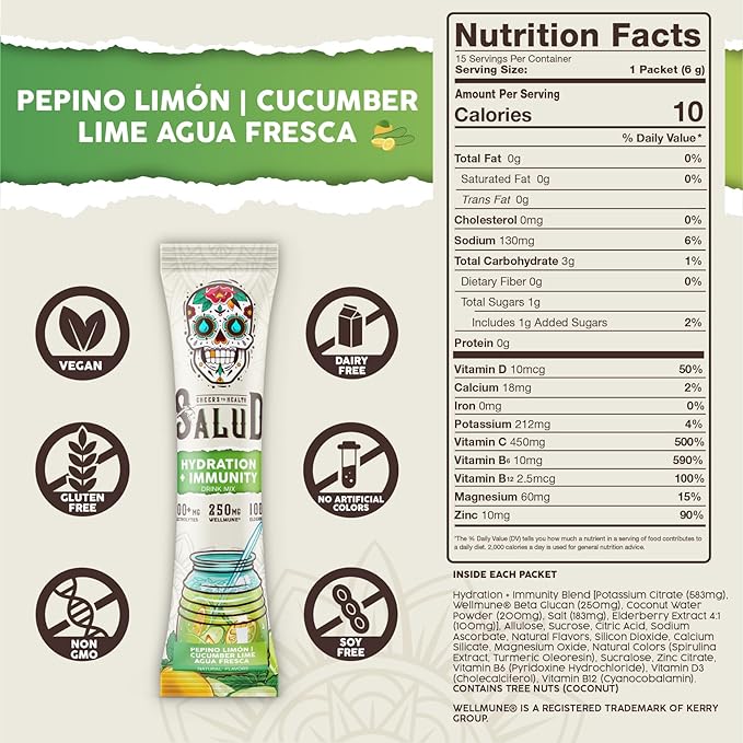 Salud 2-in-1 Hydration Packets + Immunity Electrolytes Powder, Cucumber Lime - Image 3