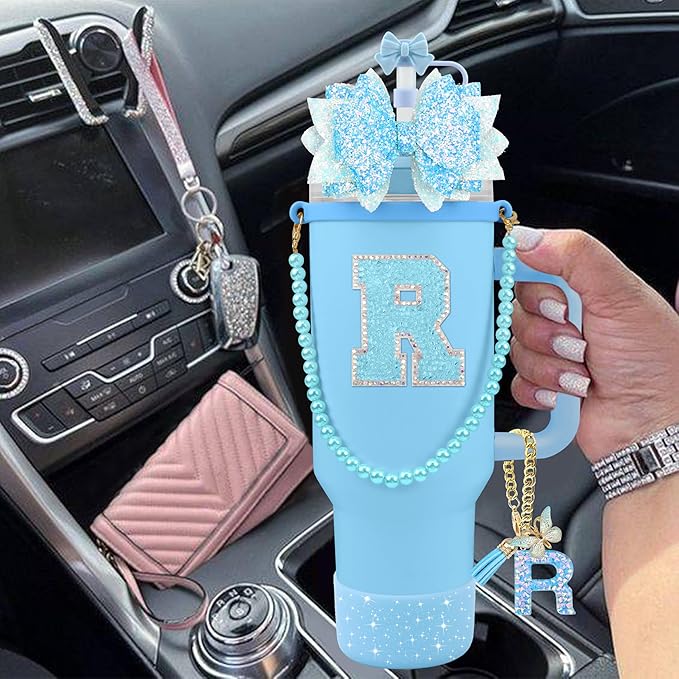 9PCS Blue for Stanley Cup Accessories Set Bling Initials Bow Charms for Stanley - Image 6