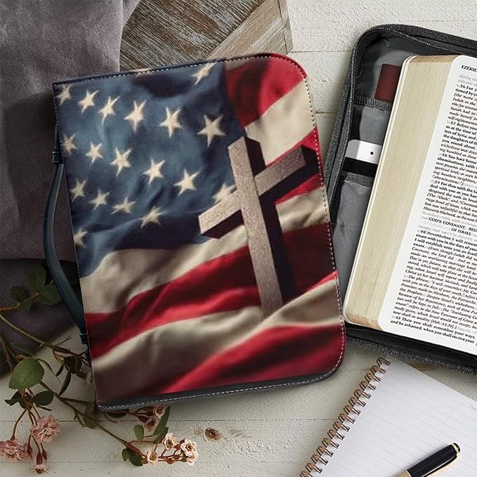 Small Bible Cover Case for Women Men American Flag and Cross PU Leather Bible - Image 5