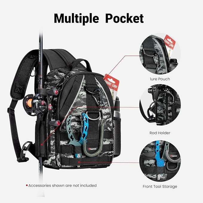 Piscifun Fishing Backpack with Rod Holder, Lightweight Sling Bag Storge Gear - Image 3