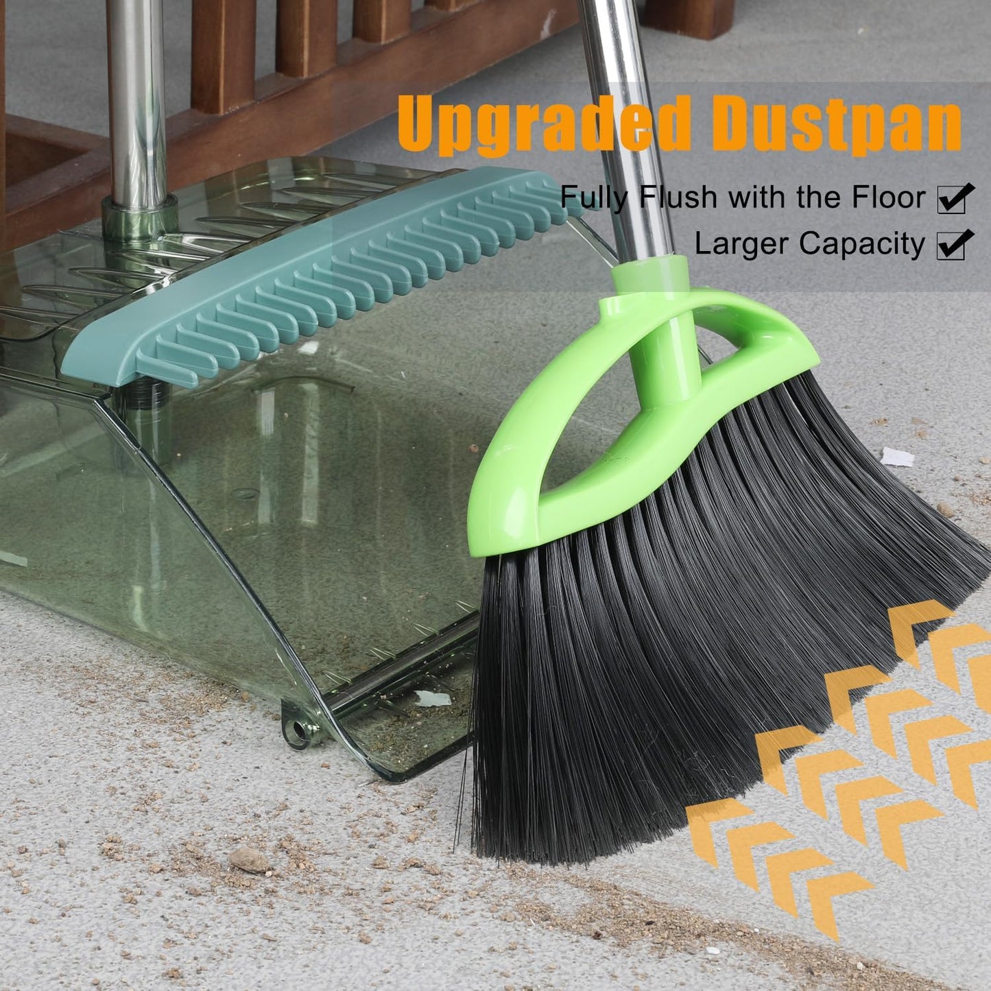 Soft Bristles Green Angle Broom and Dustpan Set, Long Handle Household Indoor Broom with Dustpan Combo Set for Room Kitchen Lobby Office Hardwood Floor Sweeping Floor Cleaning