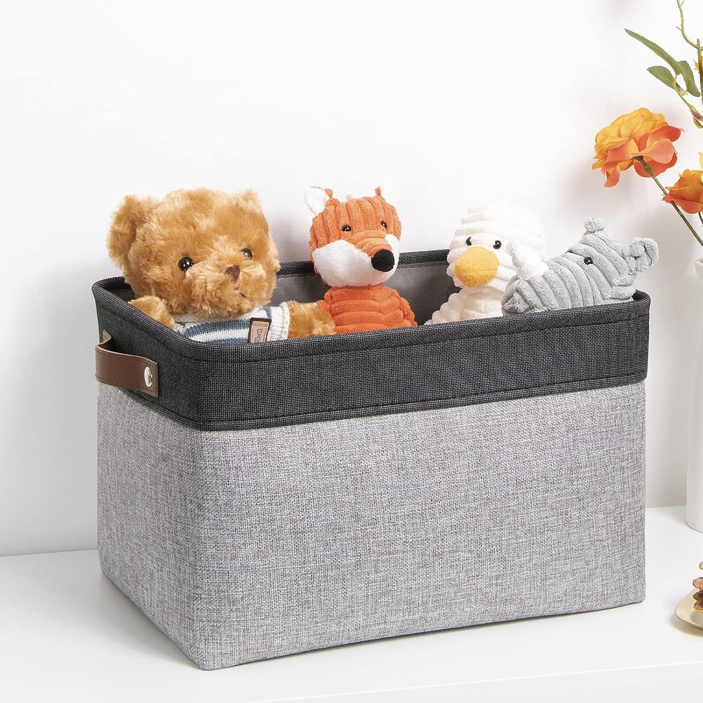 DULLEMELO Fabric Storage Basket for Shelves/Closets, Collapsible Rectangle Basket for Organizing Clothes, Toys, Towels, Books, Laundry, Nursery, Dog Toy Basket Empty (Black&Gray)