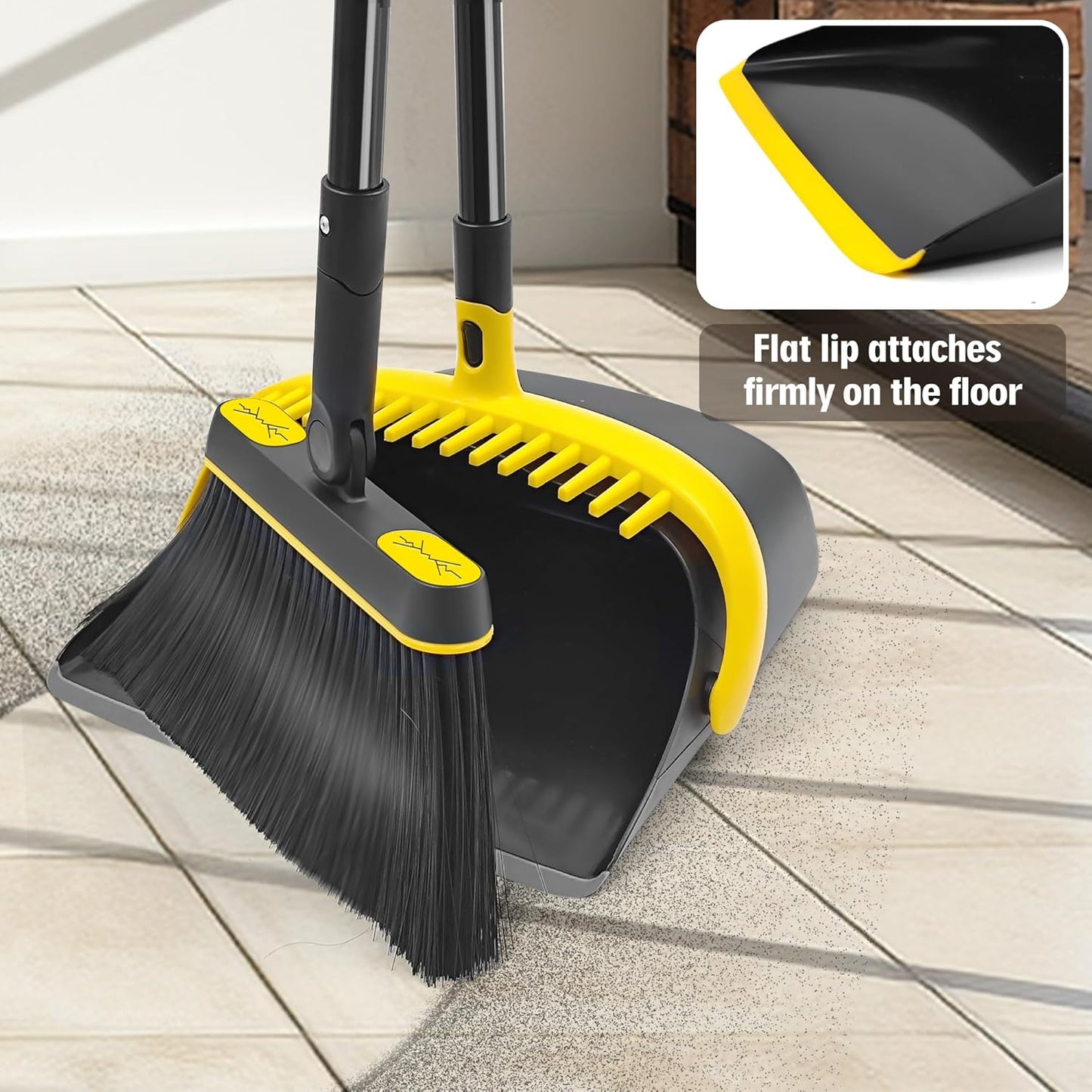 JEHONN Broom and Dust Pan, 54.3 inches Long Handle Swivel Brush, Upright Foldable Dustpan with Comb Teeth for Home Kitchen Lobby Indoor Floor Cleaning (Black & Yellow)