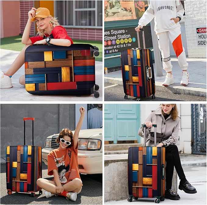 ANNA QUEEN Modern Geometric Wood Luggage Cover, Abstract Panel Suitcase - Image 6
