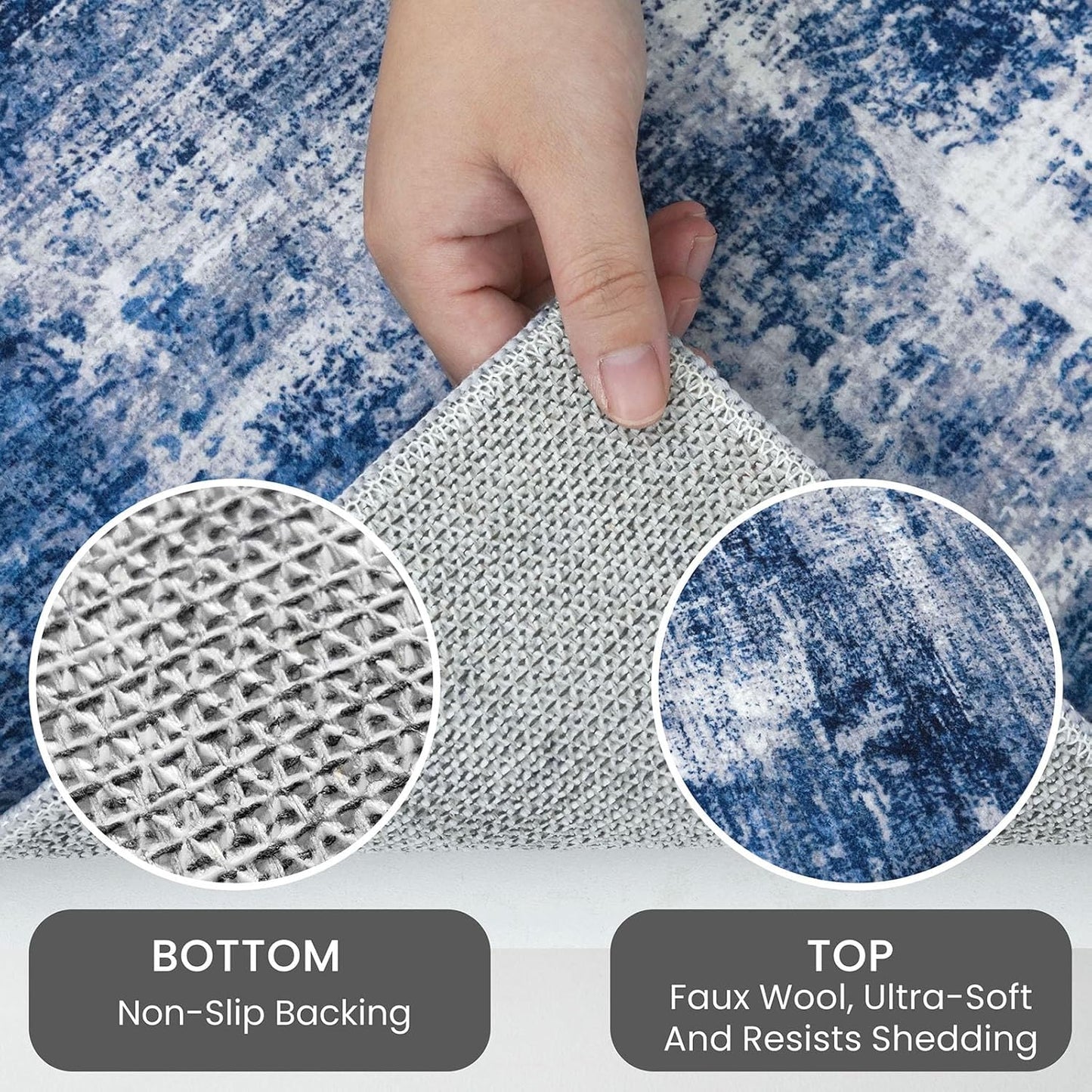 IOHOUZE Abstract Round Area Rug 8 Ft Washable Circle Rugs Large Round Rug Non Slip Thin Soft Circle Rugs, Printed Faux Wool Floor Carpet for Bedroom Living Room Dining Room Nursery, Navy/Grey