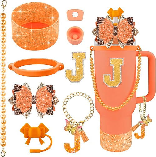 9PCS Orange for Stanley Cup Accessories Set Bling Initials Bow Charms for by Unknown