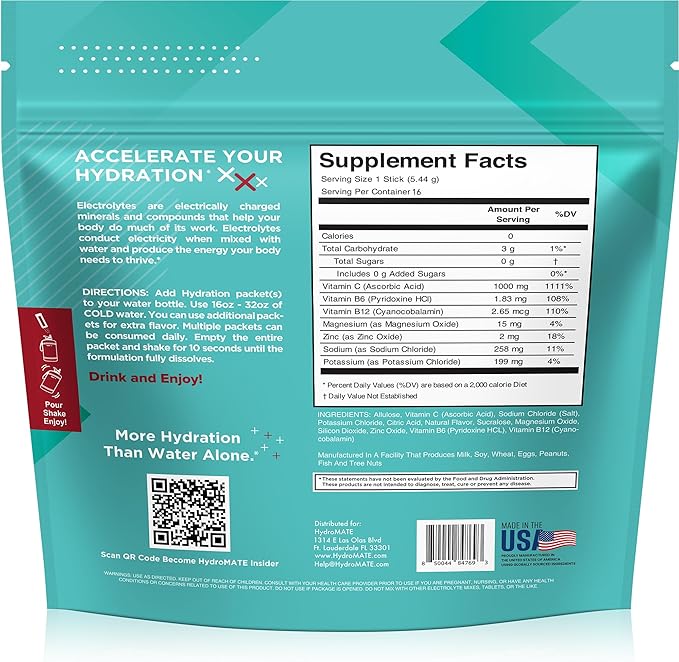 Electrolyte Powder Sugar-Free Hydration Packets Black Cherry HydroMATE 16 Sticks - Image 4