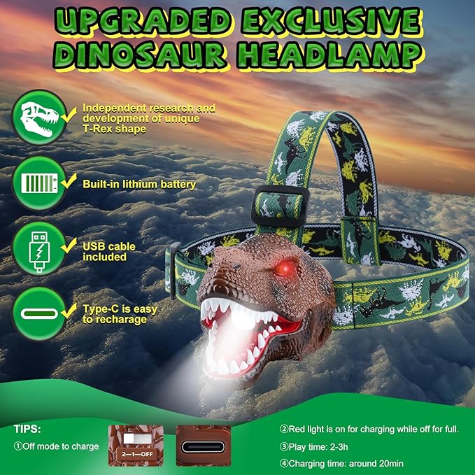 Nitigo Dinosaur Headlamp for Kids Flashlight 2 Pack, Rechargeable Led - Image 6