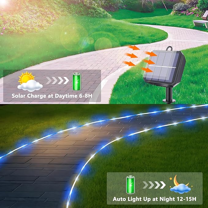 Solar Rope Lights, 66ft 200LED Solar String Lights, 8 Modes Waterproof Solar - Image 4
