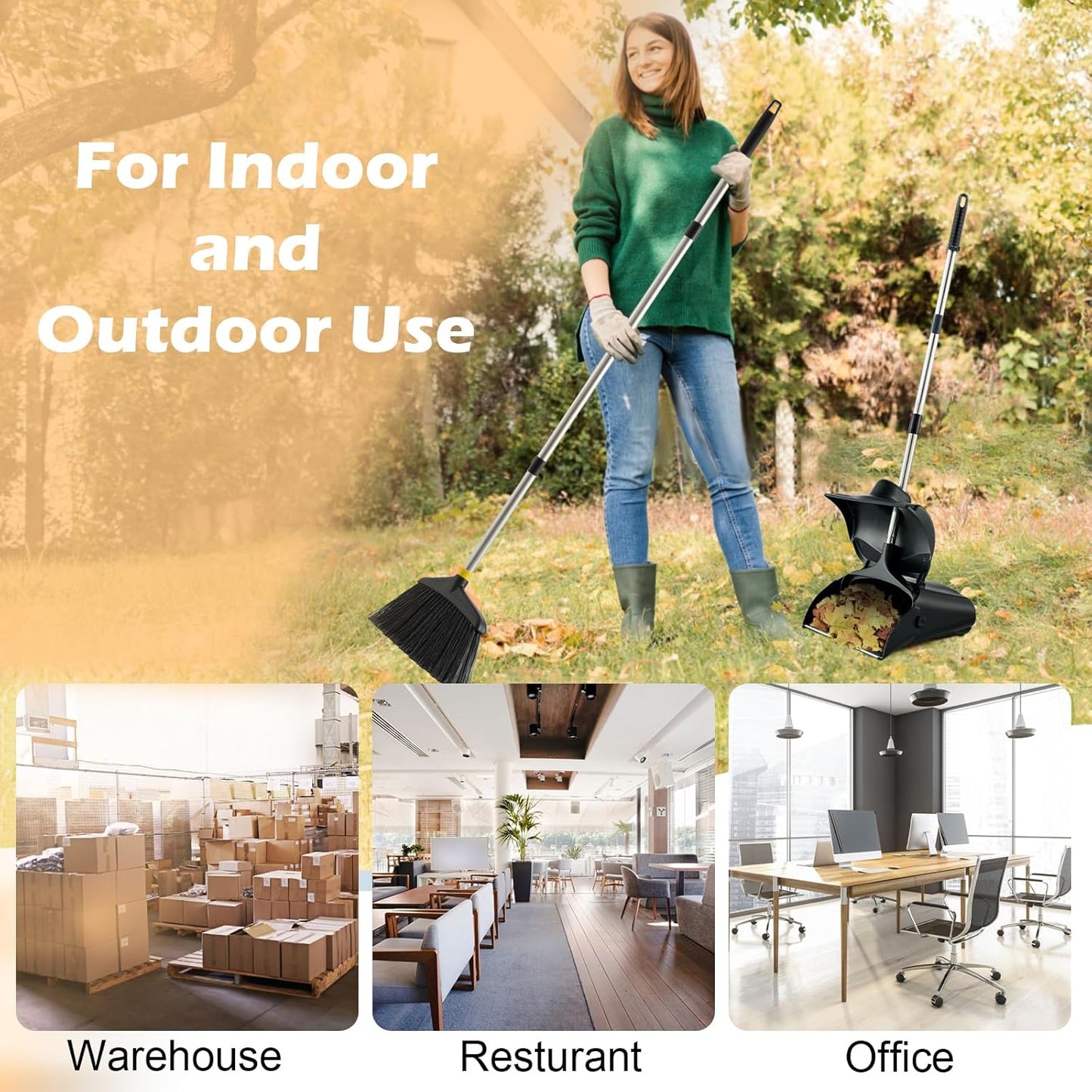 Outdoor Broom and Dustpan Set with Long Handle, Commercial Upright Standing Dust Pan with Windbreak Cover and Brooms Combo for Sweeping Lobby Courtyard Garage Deck Patio Indoor