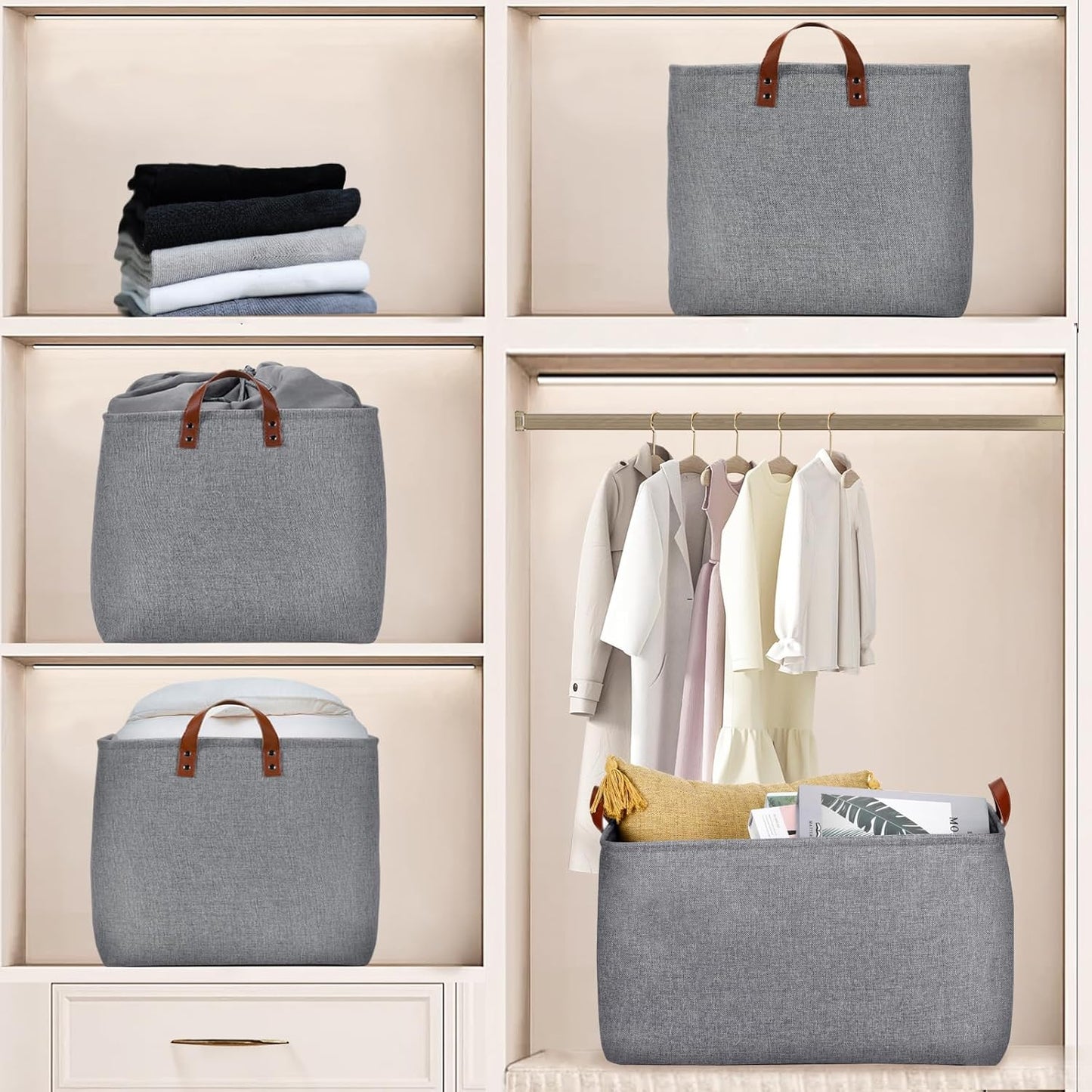 DULLEMELO Extra Large Grey Basket for Organizing, Collapsible Fabric Storage Basket with Handles, 70L Oversized Storage Bin, Large Closet Toys Blanket Organizer for Living Room, Laundry, Nursery