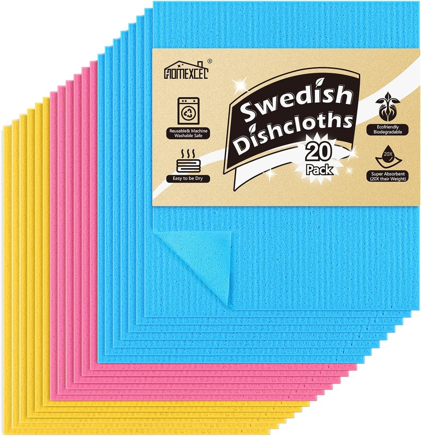 HOMEXCEL Swedish Dishcloths for Kitchen 20 Pack, Sponge Dish Cloth for Counters & Washing Dishes, Reusable and Absorbent Paper Towels, 3 Colors Assorted