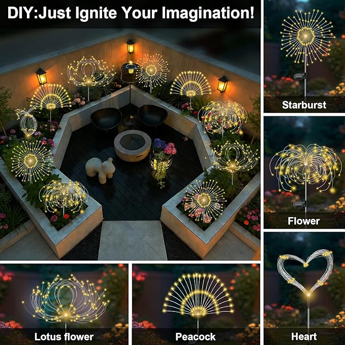 Solar Garden Lights Outdoor, 2 Pack 120 LED Twinkling Firework Lights Decorative - Image 4