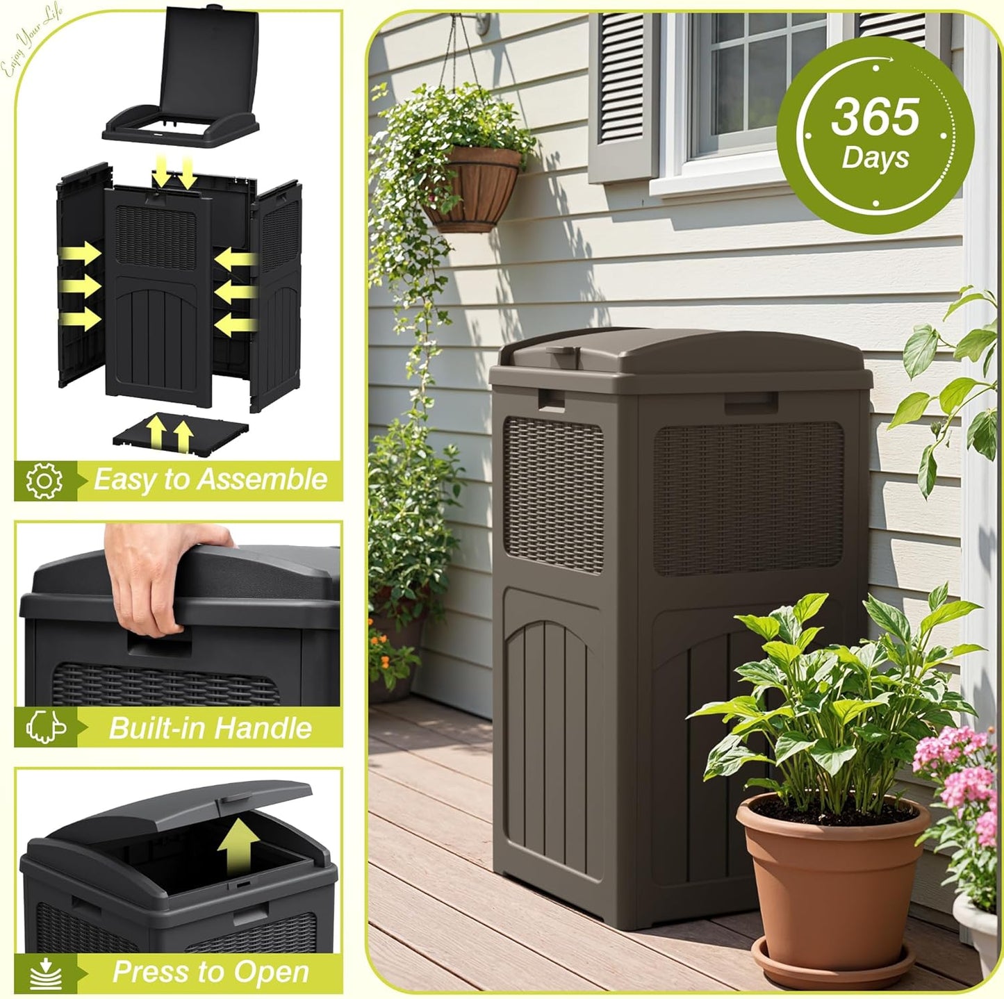 Greesum 33 Gallon Outdoor Trash Can with Lid (2-Pack), Heavy Duty Resin Garbage Bin, Waterproof & UV Resistant for Patio, Garden, Deck, Yard, Brown