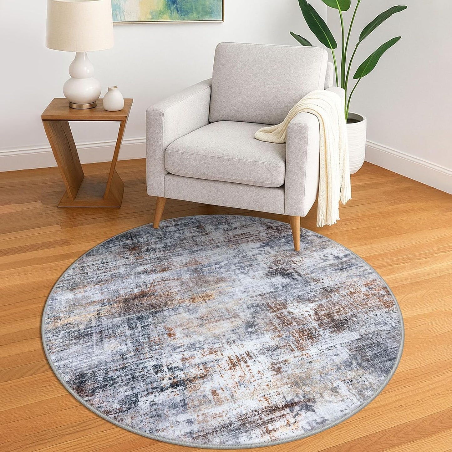 IOHOUZE Round Area Rug 5 Ft Circle Entryway Rugs Round Washable Door Mat Indoor Entrance, Non Slip Circle Front Door Rug, Printed Abstract Faux Wool Floor Carpet for Foyer Porch Sink, Orange Grey