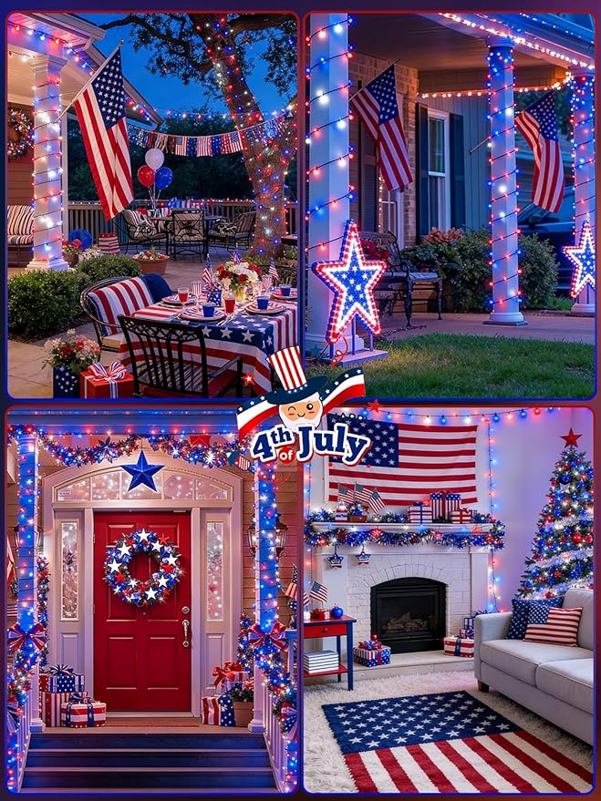 2 Pack 200 LED Red White and Blue Solar String Lights Outdoor Waterproof - Image 7