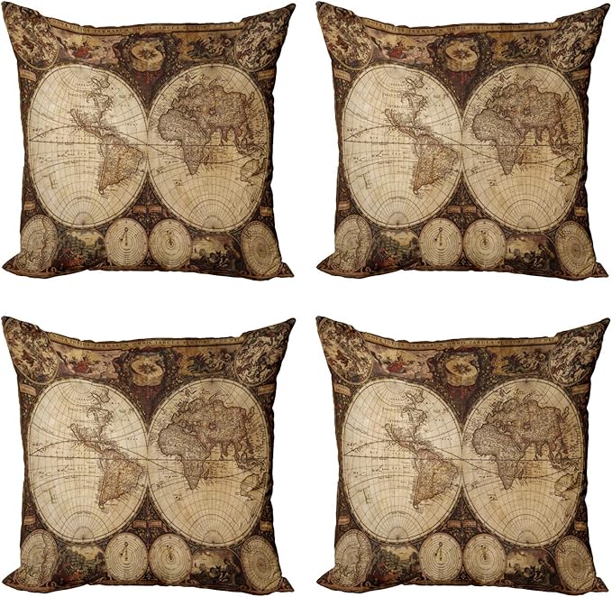 Ambesonne World Map Throw Pillow Cushion Case Pack of 4, Old World Map Drawn in by Ambesonne