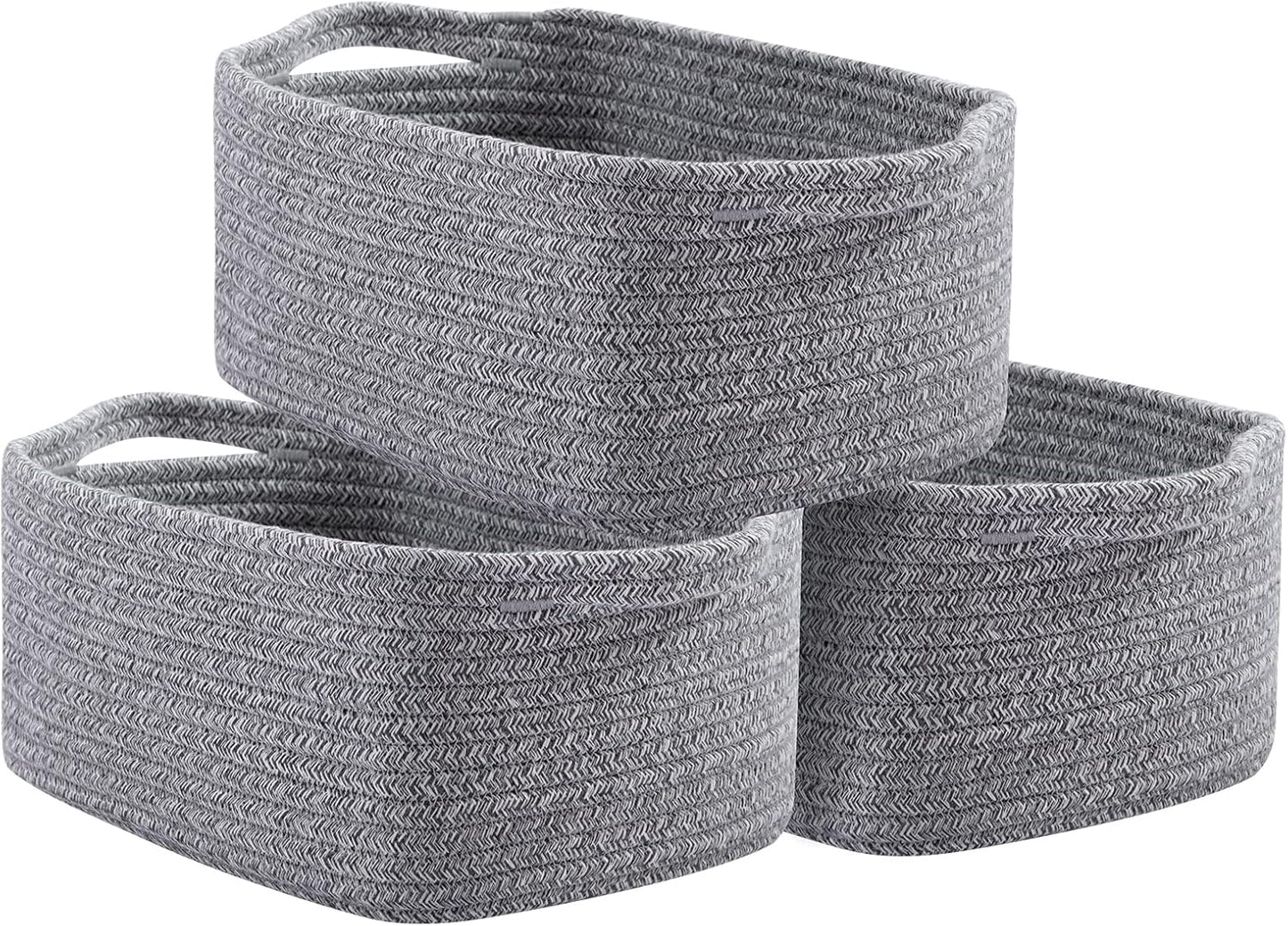 OIAHOMY Cotton Rope Baskets, Woven Baskets for Storage, Nursery Storage Baskets, Rectangle Storage Basket with Handles, Storage Baskets for Shelves, Pack of 3, Gray Variegated
