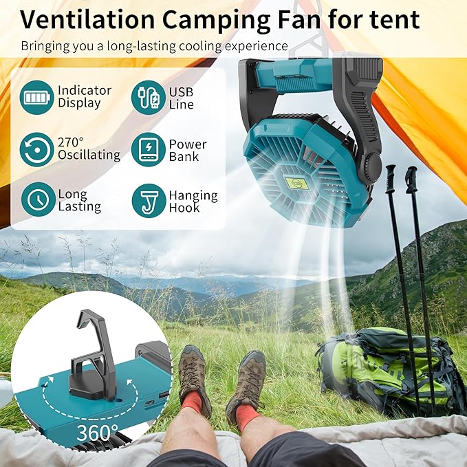 Battery Powered Fan，270° Rotating Battery Operated Camping Fan Rechargeable - Image 6