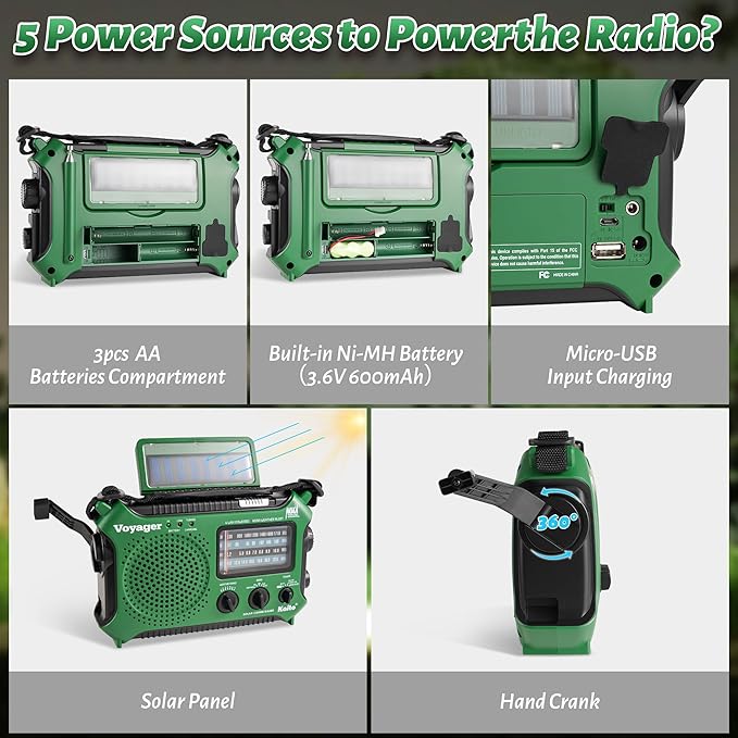 Kaito KA500GRN 5-Way Powered Emergency AM/FM/SW Weather Alert Radio - Image 3