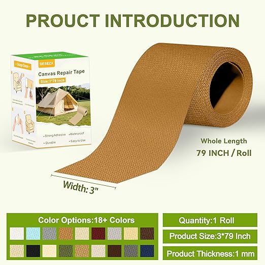 Besezx Canvas Repair Tape, Outdoor Gear Patch, 3x79 Inches, Waterproof - Image 2