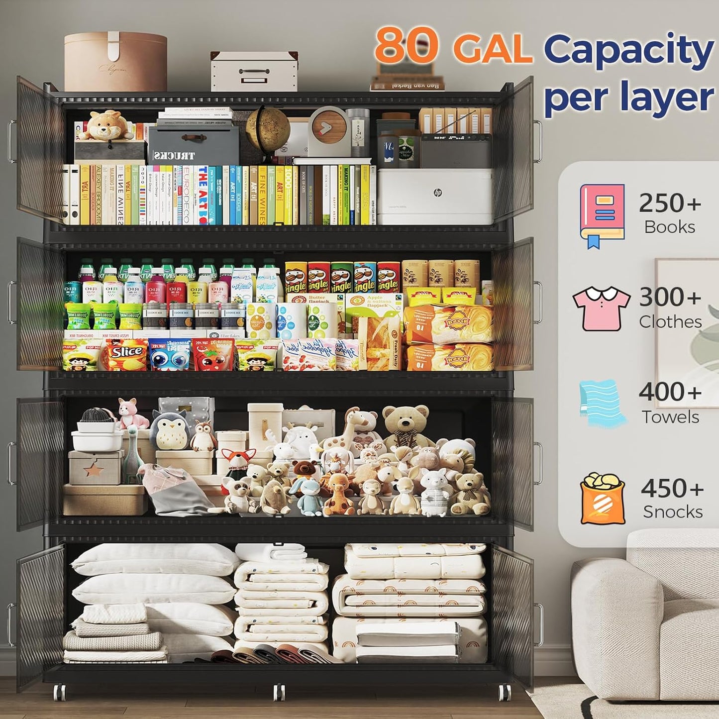 320GAL Extra Large Storage Bins with Lid, 1280QT Collapsible Organizer with Wheels, Stackable Closet Cabinet with Doors, Folding Storage Containers for Home, Office, Dorm, 4Pack Black