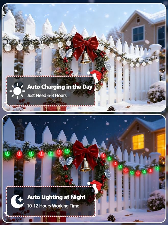 2-Pack 100 LED Red and Green Solar String Lights Outdoor - 64FT Crystal Globe - Image 3