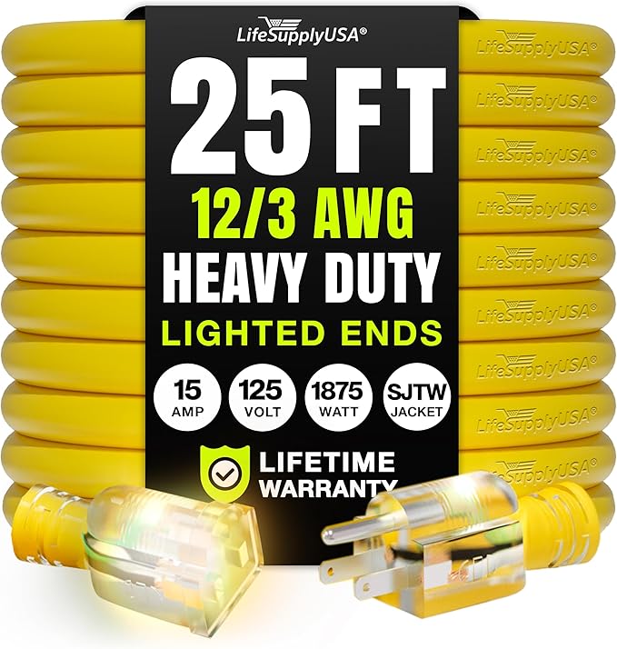 25ft Outdoor/Indoor Extension Cord 12/3 Gauge Extra Heavy Duty 3 Prong SJTW by LifeSupplyUSA