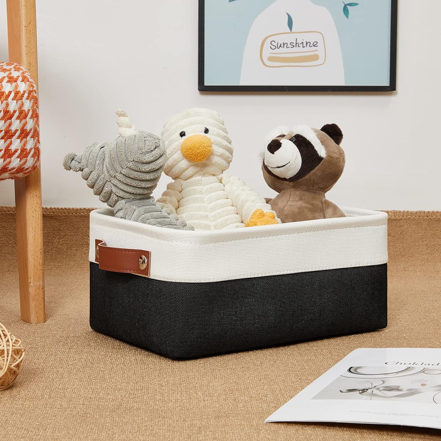 DULLEMELO Small Storage Bin, Collapsible Rectangular Fabric Basket for Organizing, Shelves, Closets, Nursery, Home, Office, Empty Gift Basket (White&Black)