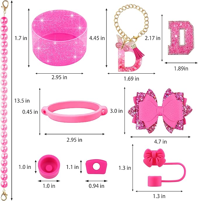 9PCS Hot Pink for Stanley Cup Accessories Set Bling Initials Bow Charms for - Image 3