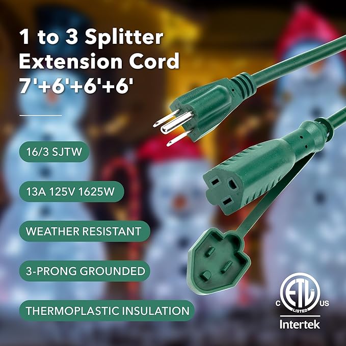 BN-LINK Outdoor Extension Cord 1 to 3 Splitter, Max 13 ft Extension, 16/3 SJTW - Image 2