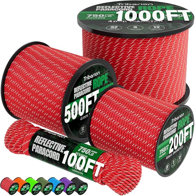 Reflective Paracord Rope 750 lb - 200ft 5/32" Parachute Cord 4MM 12-Strand para by Triberion