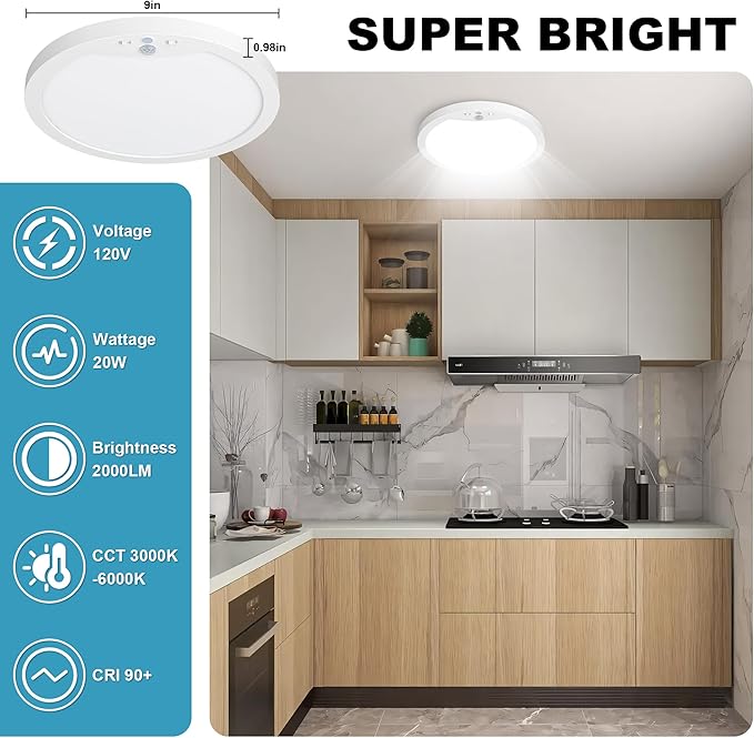 NEWKAZ 9Inch Motion Sensor Ceiling Light Hard-Wired, 20W Indoor Flush Mount LED - Image 6