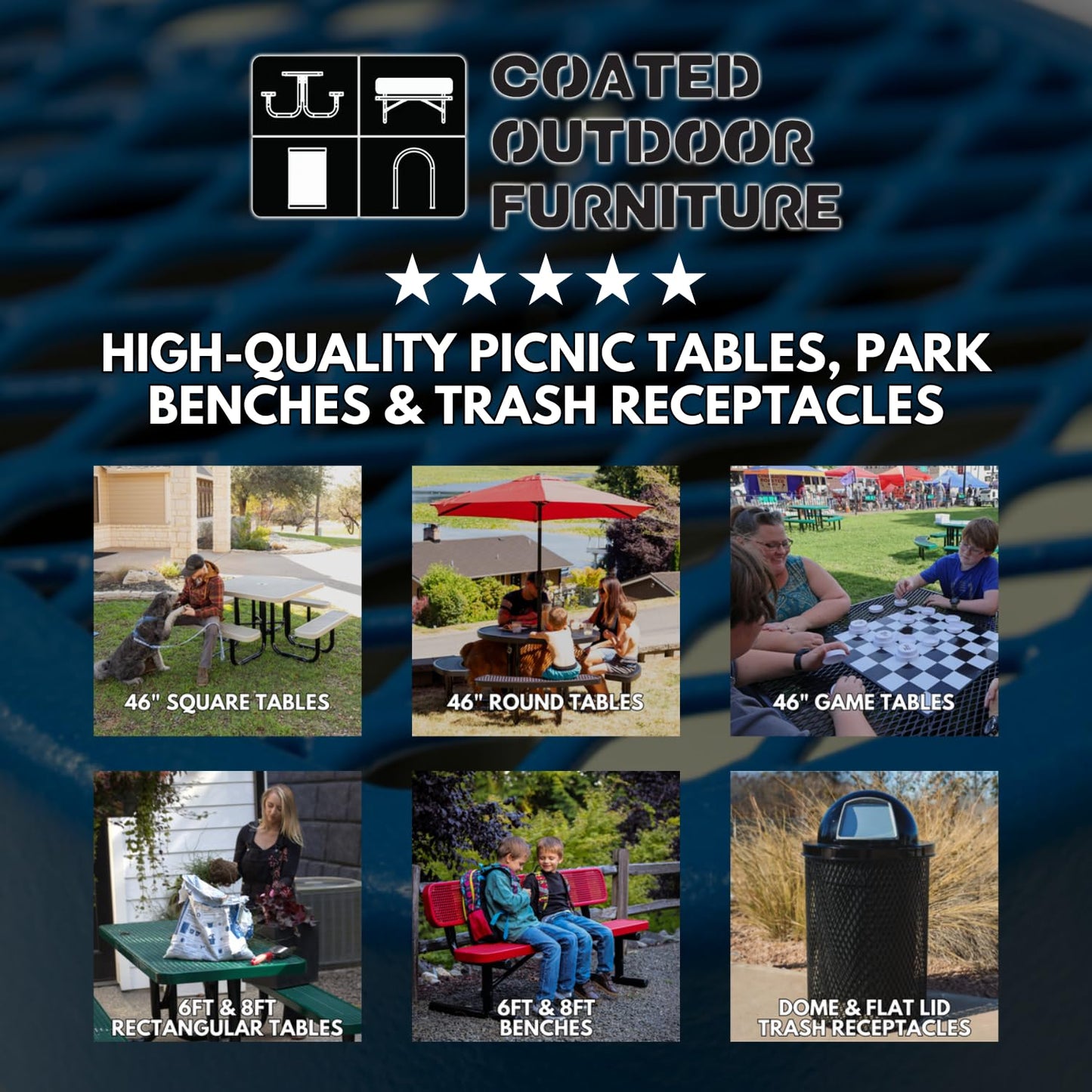 COATEDOUTDOORFURNITURE RFT-P-DBL Heavy Duty Round Trash Receptacle with Flat Top, Liner Included, 32 Gallon, Dark Blue, Made in America