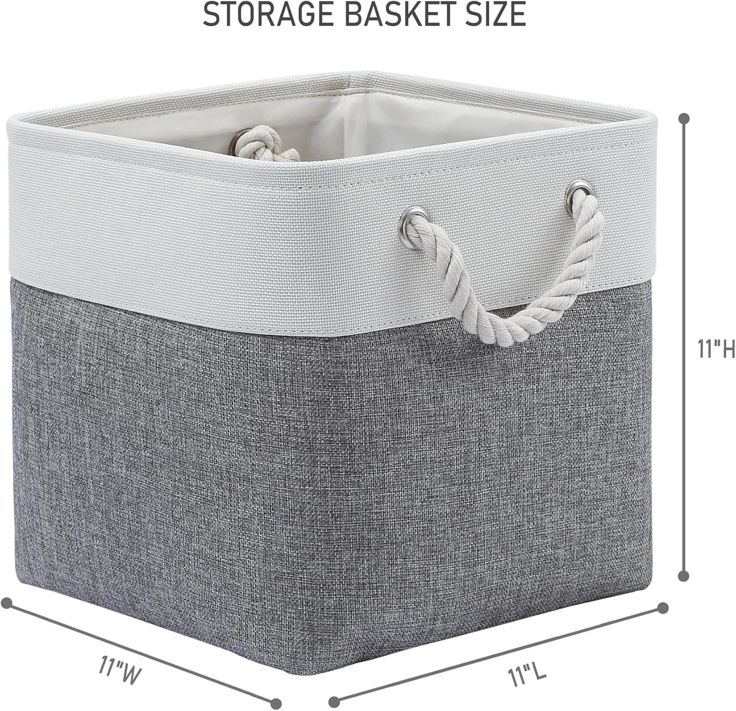 11 x 11 Inch Storage Cubes, 6 Pack Large Collapsible Fabric Storage Bin with Ropes, Foldable Storage Cubes for Home, Office,Closet, Clothes, Toys Organizer (White&Gray)