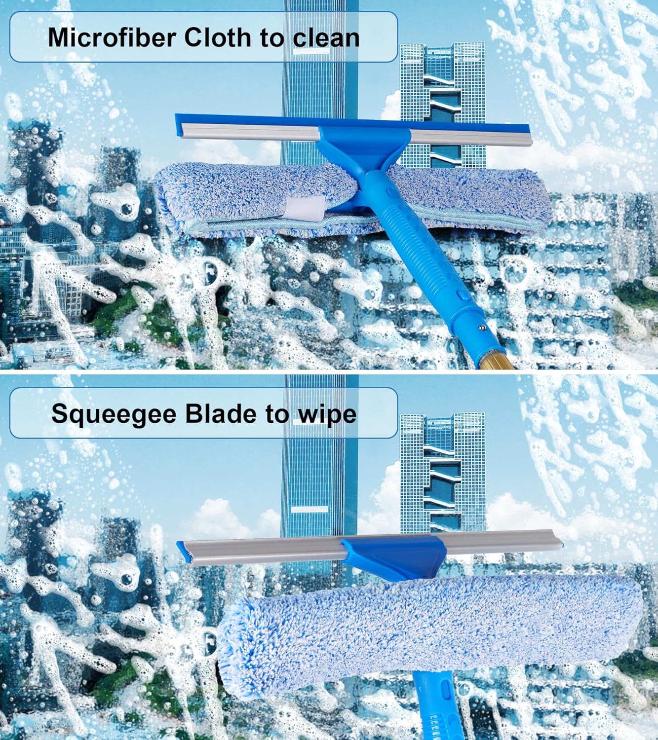2 in 1 Window Squeegee Cleaning Kit with Aluminum Alloy Extension Poles, Scrubber, Glass Scrapper, Bendable Duster,2 Scrubber Cloth for Window, Car, Floor, Home, Garden