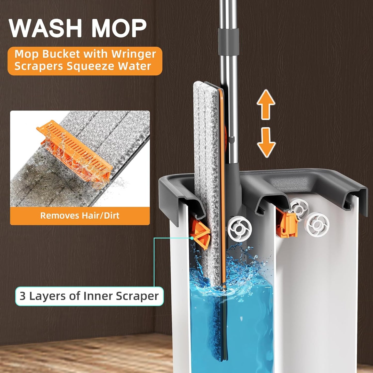 MOPALL Mop and Bucket with Wringer Set for Home, Hands-Free Flat Mop and Bucket Set for Floor Cleaning and Window Wall Cleaner, Wet and Dry Mop with 61" Long Handle and 4 Microfiber Pads