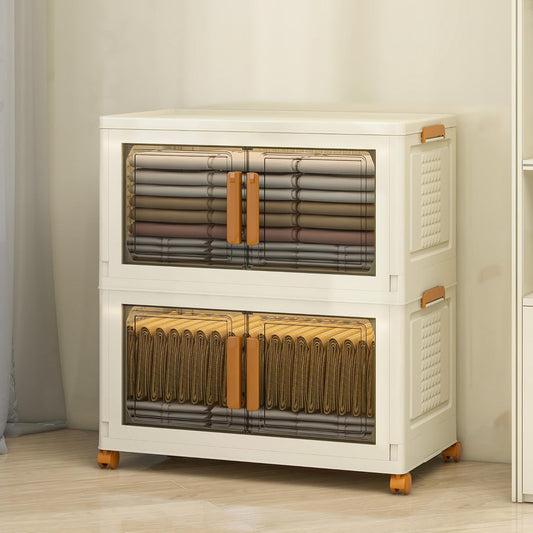 2 Tier Large Stackable Plastic Storage Bins with 1 Lid 95 QT/Tier, Collapsible Plastic Box Storage Bin with Wheels, Home Containers Boxes Closet Organizers for Living Room, Office, Dorm