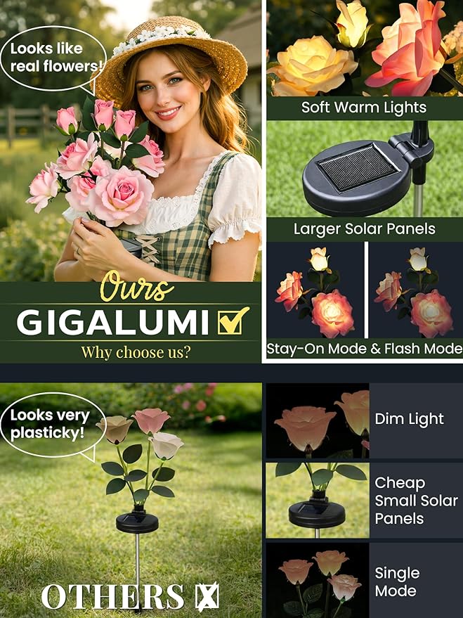 GIGALUMI Solar Lights Outdoor for Garden Decor, 3 Pack Solar Flower Lights - Image 2