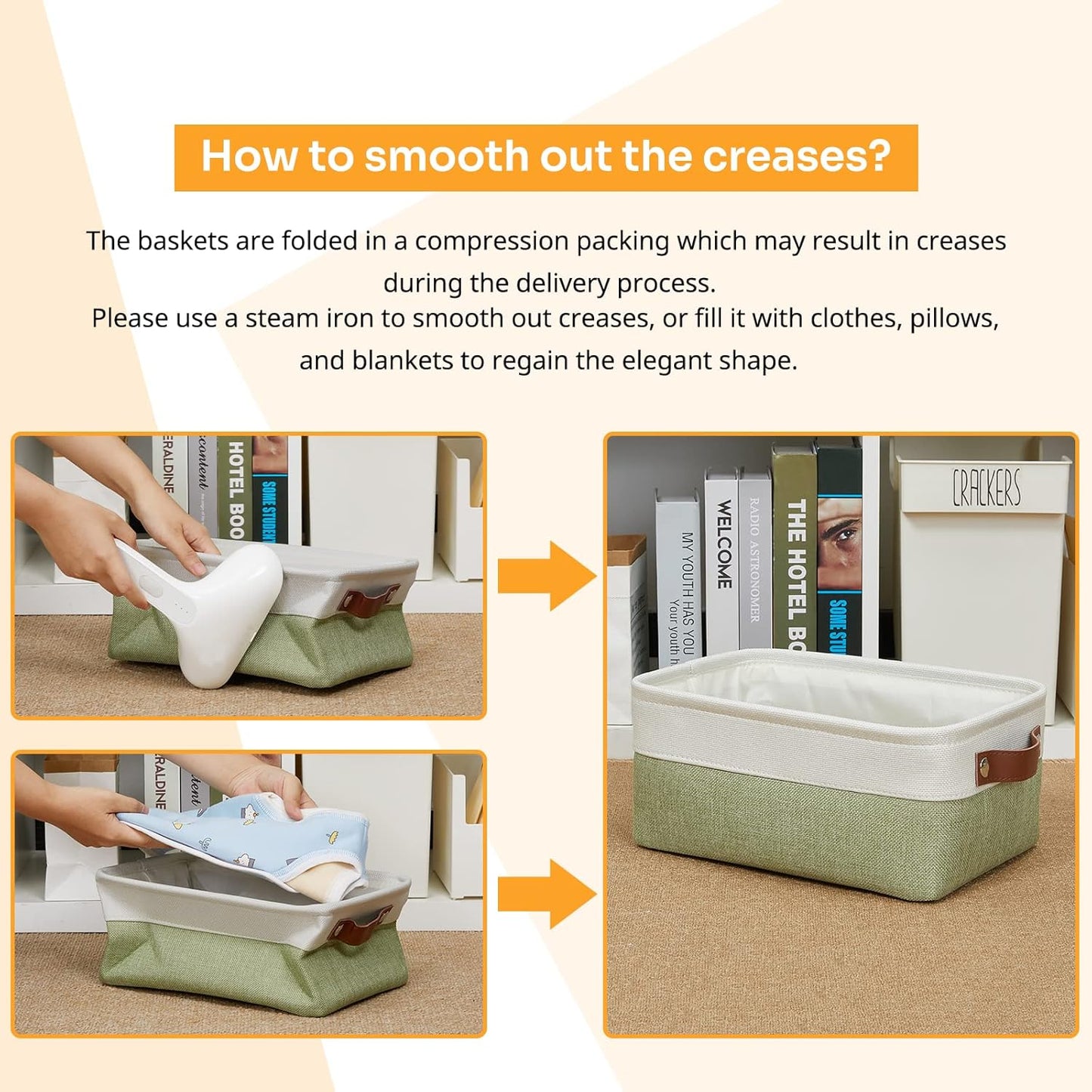 DULLEMELO Small Storage Basket, Fabric Collapsible Gift Storage Basket for Shelves, Closets, Nursery, Home, Office Organizing, Small Canvas Linen Rectangular Storage Bin with Handles (White&Green)