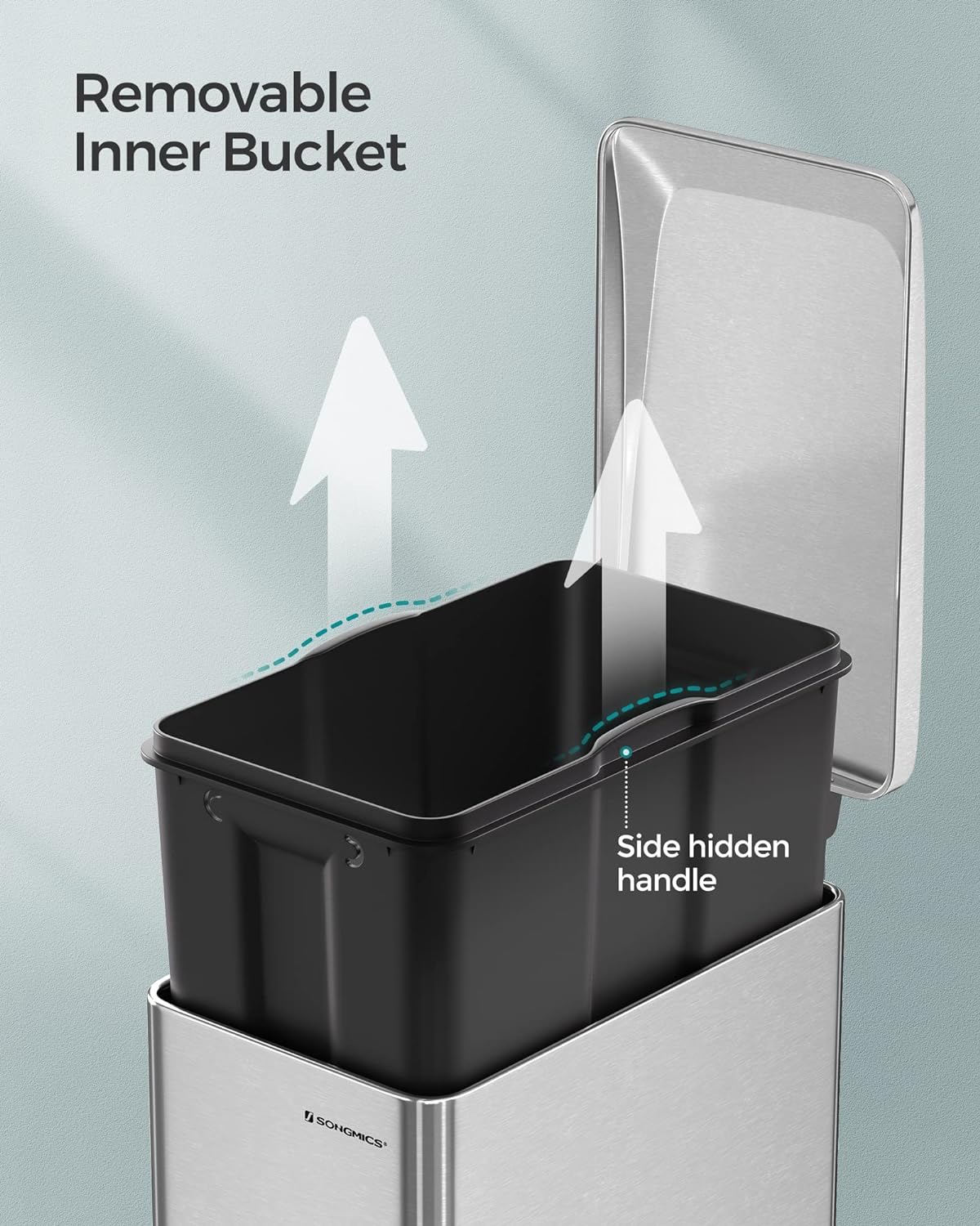 SONGMICS Slim Trash Can, 13-Gallon (50 L) Garbage Can for Narrow Spaces with Soft-Close Lid, Inner Bucket, and Step-on Pedal, Stainless Steel, 15 Trash Bags Included, Silver ULTB510E48