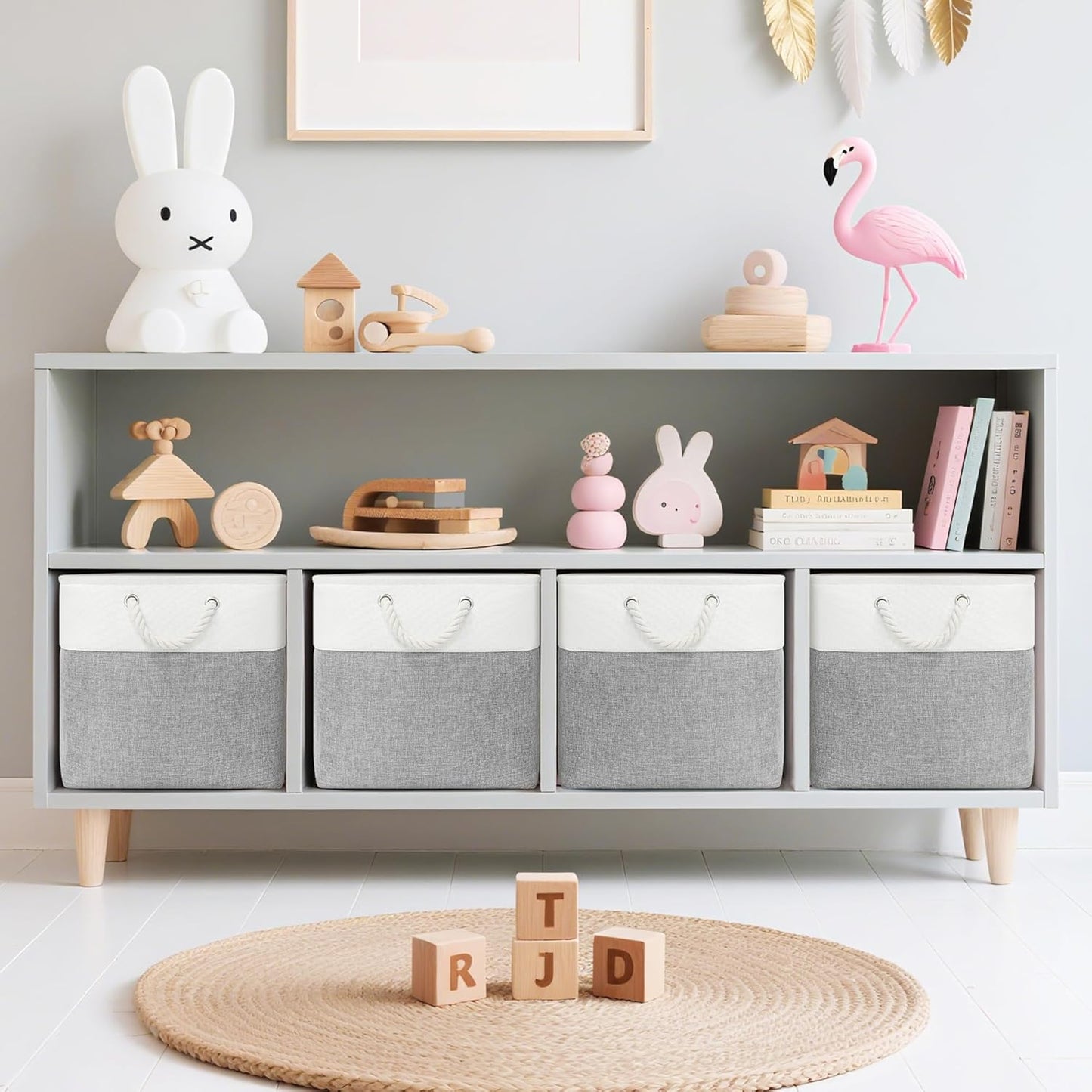 13x13 Inch Cube Storage Bins with Reinforced Bottom Cardboard, 6 Pack Large Collapsible Fabric Storage Cubes with Handles for Shelf, Closet, Toy, Laundry Organization (White&Gray)