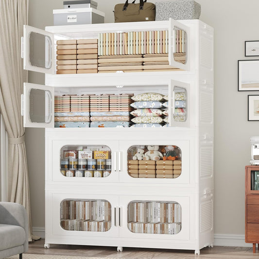 200GAL Extra Large Storage Bins with Lid, 800QT Storage Bins with Wheels, Folding Closet Organizer, Stackable Collapsible Plastic Storage Containers for Home, Office, Dorm, 4Pack White