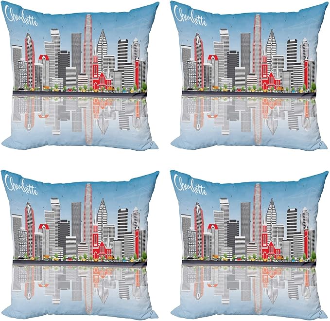 Ambesonne North Carolina Throw Pillow Cushion Case Pack of 4, Charlotte Skyline by Ambesonne