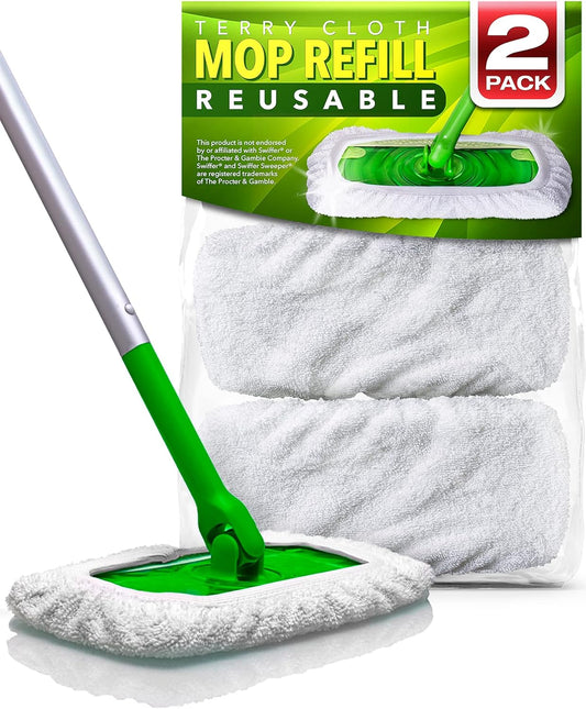 VanDuck Reusable 100% Cotton Mop Pads Compatible with Swiffer Sweeper (2-Pack), Terry Cloth Mop Covers Washable for Wet Mopping and Floor Cleaning (Handle is Not Included)