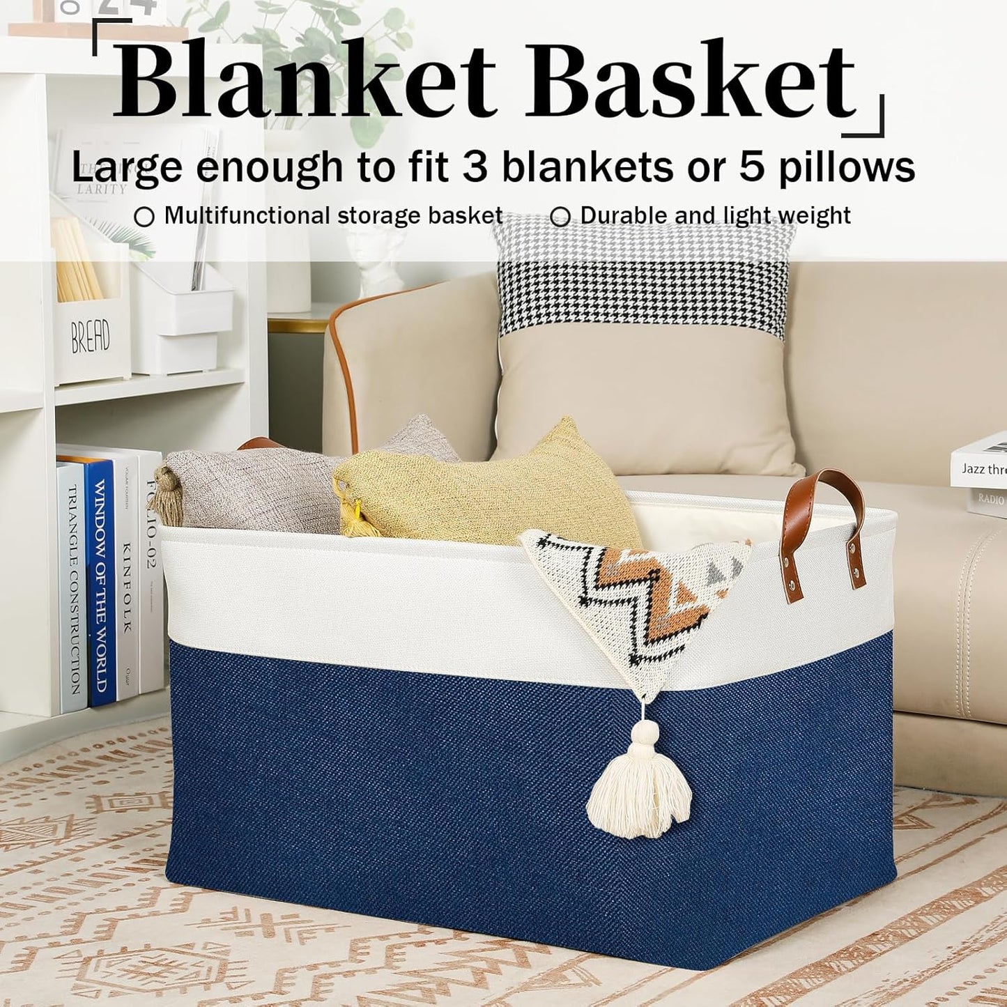 DULLEMELO 2-Pack Extra Large Blanket Basket Fabric Storage Baskets with Handles, Canvas Storage Baskets for Organizing Shelves Closet Toys Books, 22 x 15 x 13 inches(White&Blue)