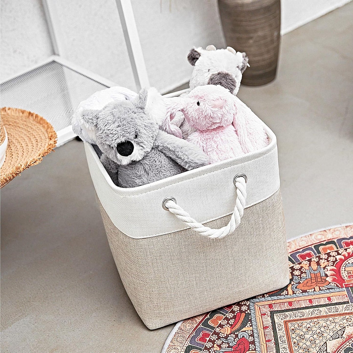 Cube Storage Bins, Collapsible Fabric Storage Cubes Bins, 11 Inch Cube Storage Bins with Handles, Foldable Storage Cubes (White/Beige, 6Pack)