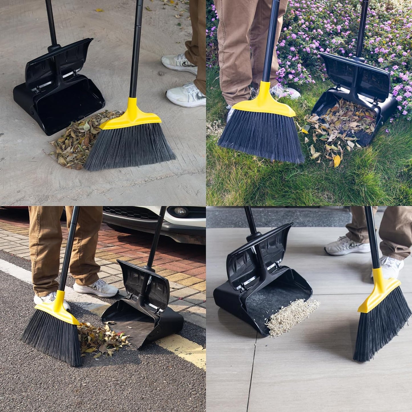 Indoor/Outdoor Heavy Duty Broom and Dustpan Set,Upright Plastic Commercial Dust Pan with 2 Brooms Perfect for Sweeping Courtyard Garage Lobby Kitchen Office Mall Market Shop Floor
