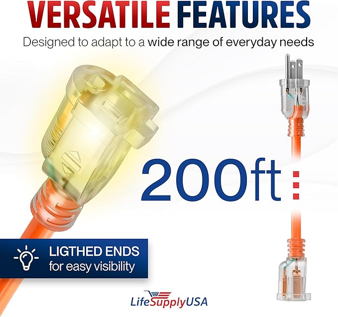 200ft Outdoor/Indoor Extension Cord 10/3 Gauge Ultra Heavy Duty 3 Prong SJTW - Image 6